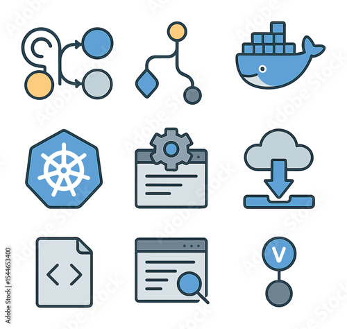 DevOps Icon Grid. Flat icon set of DevOps and deployment: CI/CD pipeline, Git merge, Docker container,