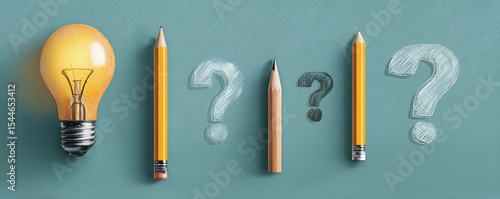 Light bulb glowing next to pencils and question marks on teal background symbolizing creative ideas, learning concepts, and problem-solving methods