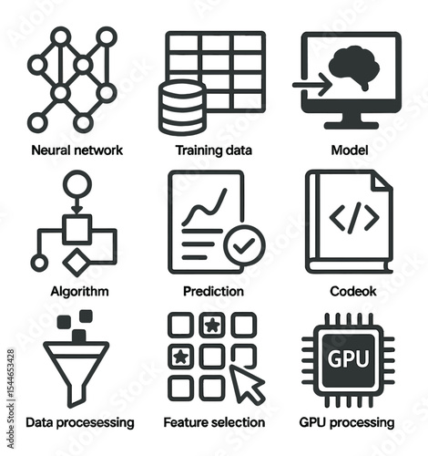 AI in Icons. Flat icon set of AI and machine learning coding: neural network, training data, model deployment,
