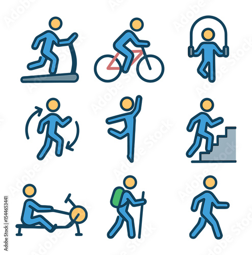 Cardio Workout Icons. Flat icon set of cardio workouts: treadmill run, cycling, jump rope, HIIT circuit, stair