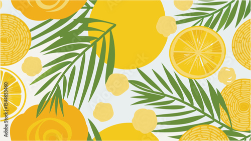 A vibrant pattern of lemons flowers and palm leaves creates a summery and tropical aesthetic design style