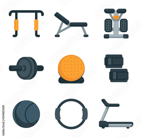 Home Gym Icons. Flat icon set of home gym equipment: pull-up bar, bench, mini stepper, ab roller, balance