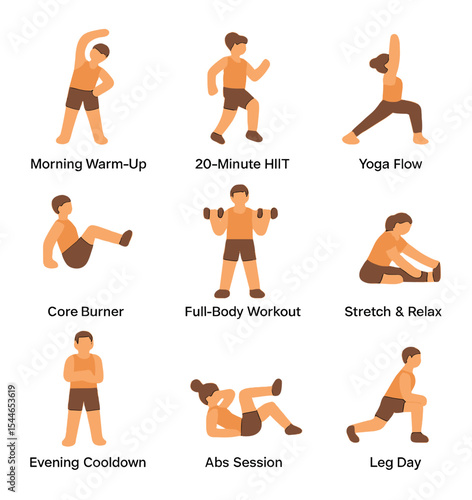 Home Fitness Icon Set. Flat icon set of home fitness routines: morning warm-up, 20-minute HIIT, yoga flow,