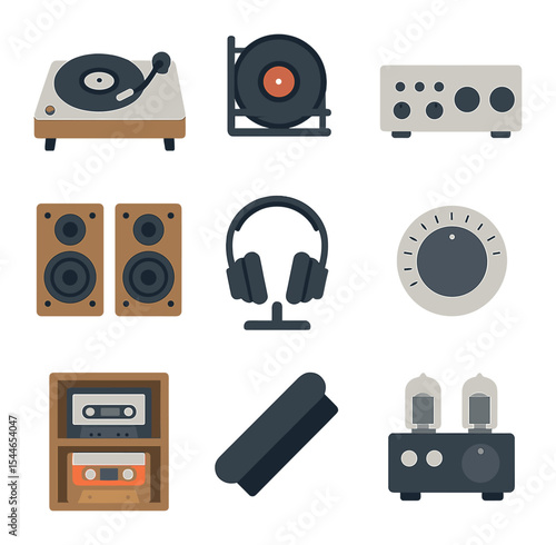 Home Music Icons. Flat icon set of home analog music setup: turntable table, LP wall rack, analog amp, speaker
