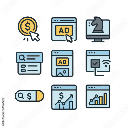 PPC Icon Set. Flat icon set of pay-per-click advertising: CPC icon, ad set, bidding strategy, keyword match,