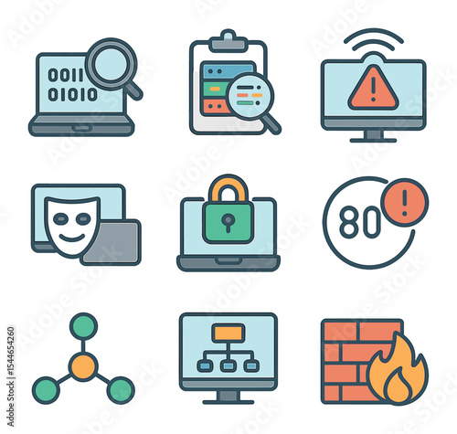 Network Security Icons. Flat icon set of network security testing: port scanner, packet sniffer, intrusion