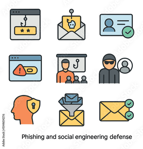 Phishing Defense Icons. Flat icon set of phishing and social engineering defense: fake login screen, phishing