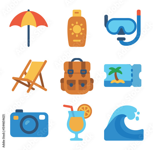 Beach Vacation Icons. Flat icon set of beach vacation essentials: beach umbrella, sunscreen bottle, snorkeling
