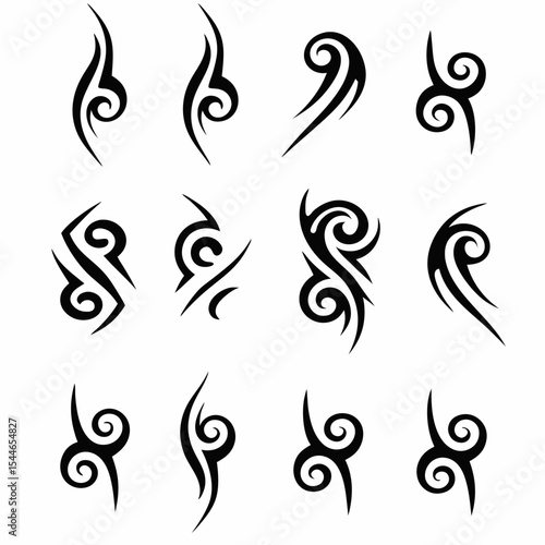 Detailed vector icons depicting tribal temple forehead tattoos, showcasing diverse cultural designs and styles.  High resolution, suitable for commercial use.
