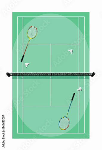 Badminton court with rackets and shuttlecocks in flat design  