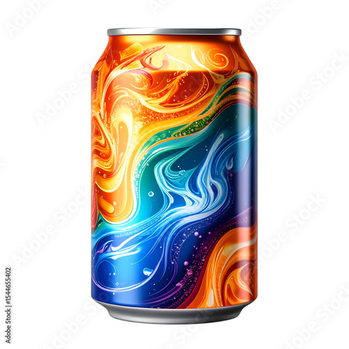 Vibrant Drink Can: A vividly illustrated drink can featuring an artistic blend of swirling colors and a refreshing appeal.