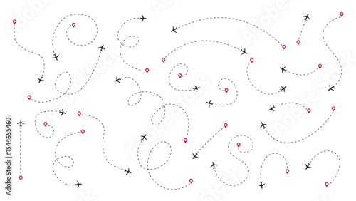 Set of Various Airplane Lines and Roads with Jet Icons