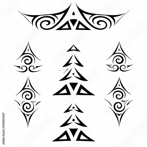 Design a tribal tattoo incorporating geometric triangles, showcasing symbolic meaning and cultural influences.  Focus on bold lines and sharp angles.