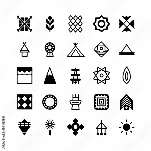 Create a diverse set of icons representing tribal crafts and handmade items, showcasing diverse materials and techniques.  Include detailed illustrations.