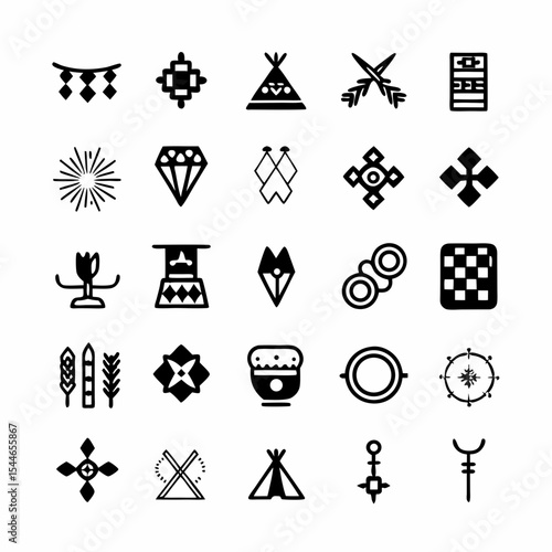 Design a set of vibrant icons depicting diverse tribal crafts & handmade items pottery, weaving, jewelry, masks, baskets, wood carvings.  High detail, diverse styles.