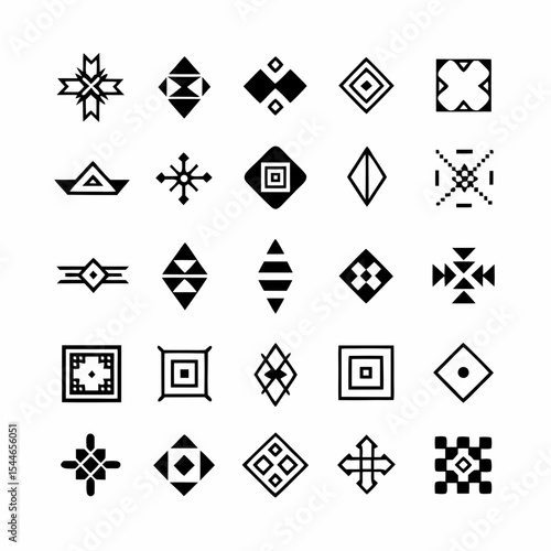 Design a set of vibrant tribal geometric pattern icons, showcasing diverse styles and incorporating bold colors.  Include both simple and complex designs.