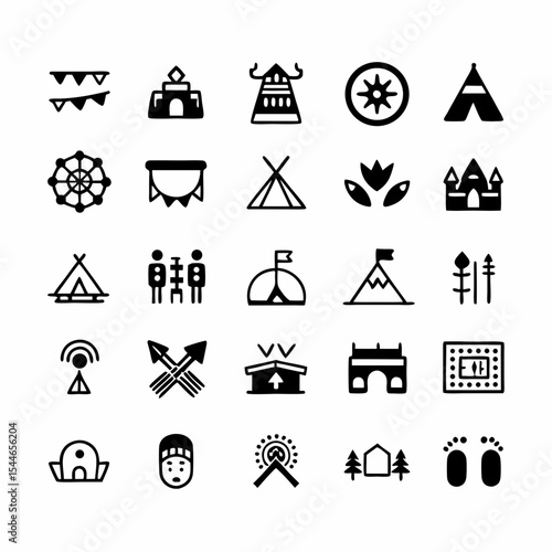 Design a set of diverse icons representing daily life and traditional aspects of tribal cultures worldwide.  Include activities, tools, and symbols.