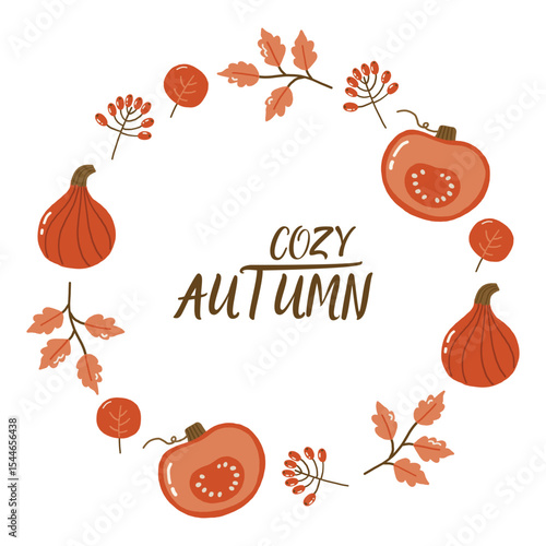 Autumn round frame, autumn cozy, design for posters, banner, greeting cards, stickers