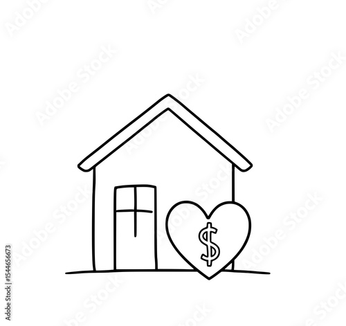 Home Sweet Home: A simple line art illustration depicts a house with a heart containing a dollar sign, symbolizing affordable housing or financial security.