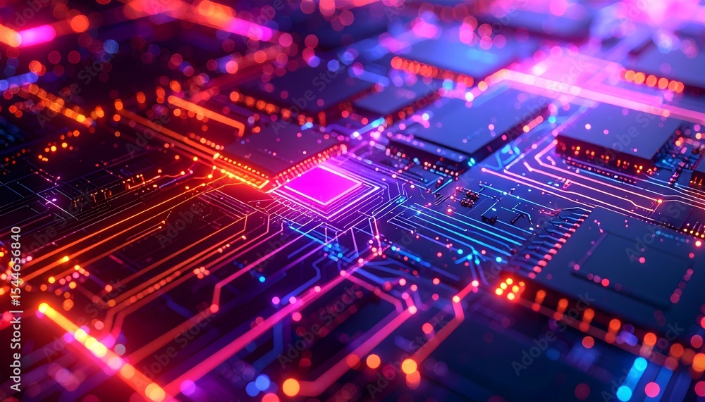 Cyberpunk circuit board texture with red and purple neon lights, sparks, glitches, and gritty, hacker-style atmosphere. High contrast and perspective view. Cyberpunk circuit board texture with red and purple neon lights, sparks, glitches, and gritty, hacker-style atmosphere. High contrast and perspective view.