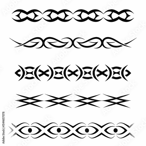 Design a pair of tribal band tattoo icons, one for the wrist and one for the ankle, showcasing intricate, bold patterns.  Include variations in style.
