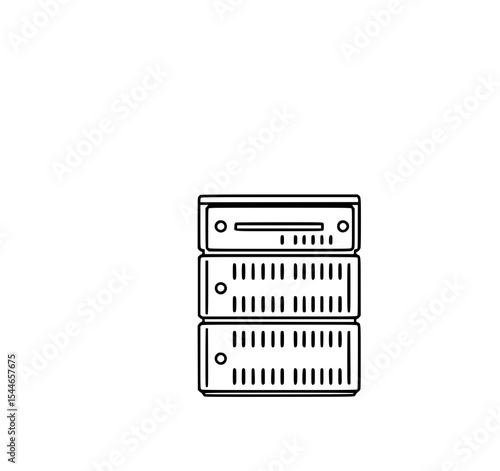Server Rack Illustration: A simple line art drawing of a three-tier server rack, showcasing its technical design in black and white.