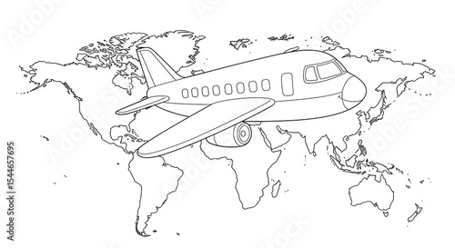 Airplane flying over world map coloring page travel transportation aviation journey trip on transparent background