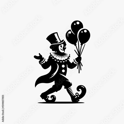 A jovial clown in a top hat strides forward, holding a bunch of balloons.
