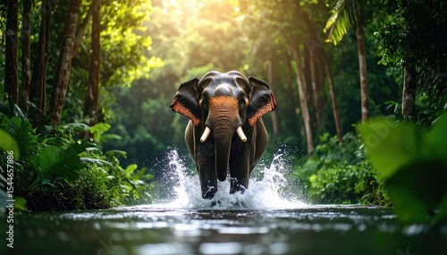 Majestic Elephant Charging Through Lush Jungle Stream