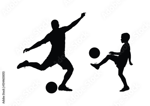 Man and a boy kicking ball playing football vector black silhouettes. Father training football his son silhouette.