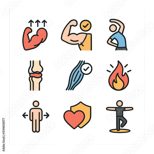 Strength Training Benefits Icons. Flat icon set of strength training effects: muscle hypertrophy, increased