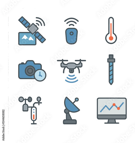 Glacial Monitoring Icons. Flat icon set of glacial monitoring tools: satellite imagery, GPS sensor,