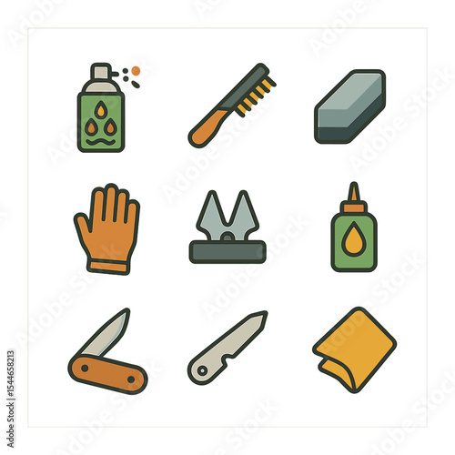 Garden Tool Icons. Flat icon set of garden tool maintenance: rust remover, steel brush, sharpening stone, tool