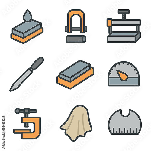 Blade Sharpening Icons. Flat icon set of blade sharpening gear: oilstone, honing guide, sharpening jig,
