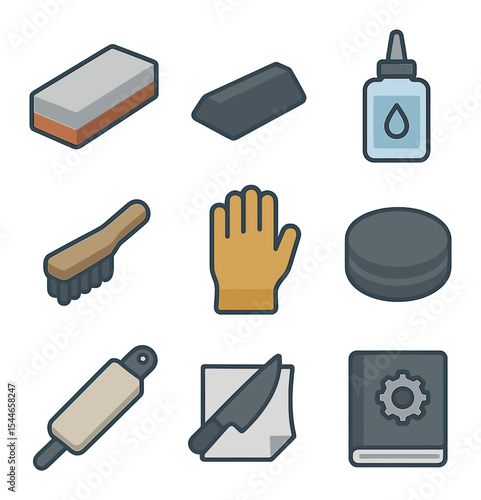 Sharpening Kit Icons. Flat icon set of sharpening kit components: grit stone, angle guide, lubricant bottle,
