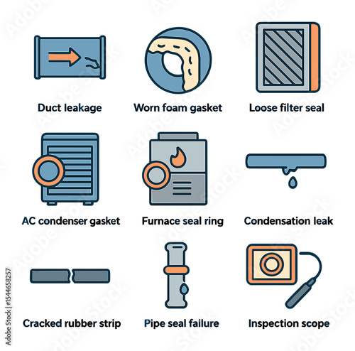 HVAC Seal Icon Set. Flat icon set of HVAC seal and gasket issues: duct leakage, worn foam gasket, loose filter