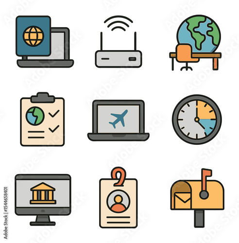 Digital Nomad Icons. Flat icon set of digital nomad lifestyle: passport with laptop, portable Wi-Fi router,