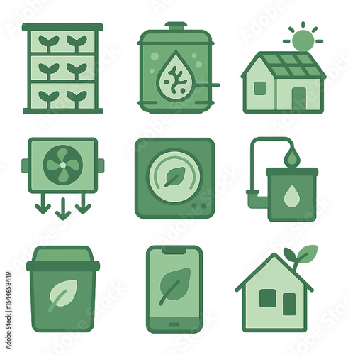 Green Innovation Icons. Flat icon set of green innovations: vertical farm, algae biofuel tank, solar roof,