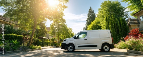 White delivery van parked in a serene suburban street surrounded by lush greenery and vibrant flowers under a bright blue sky on a sunny day