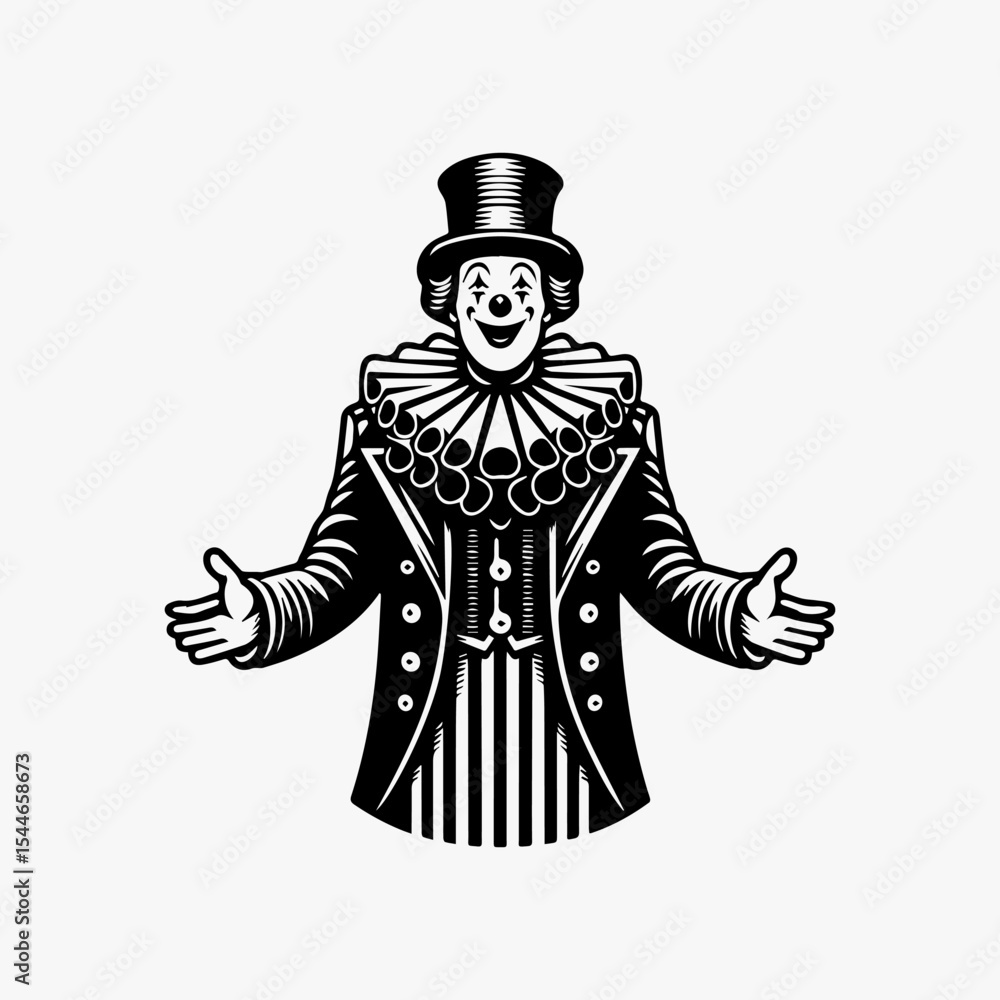 Obraz premium A vintage-style clown with a top hat and ruffled collar extends his arms in a welcoming gesture.