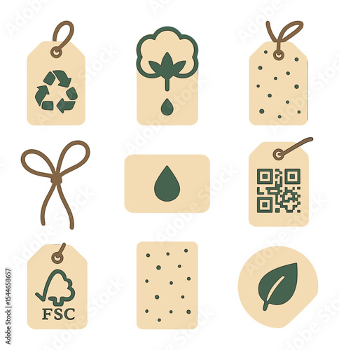 Sustainable Clothing Tags Icons. Flat icon set of sustainable clothing tags and labels: recycled paper tag,