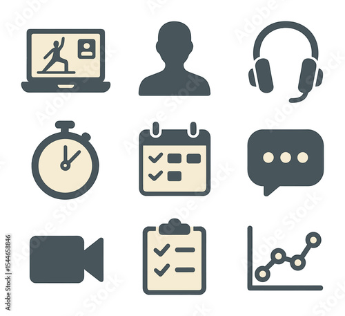 Virtual Yoga Icons. Flat icon set of yoga class from home: laptop with yoga session, instructor silhouette,