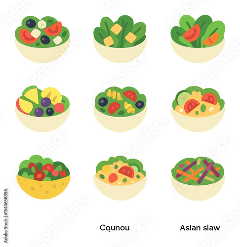 Colorful Salad Icons. Flat icon set of salad types: Greek salad, Caesar salad, garden salad, fruit salad,