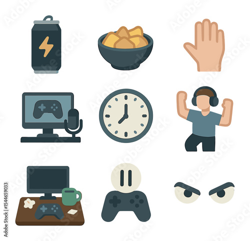 Gamer Lifestyle Icons. Flat icon set of gamer lifestyle: energy drink, snacks bowl, keyboard hand, streaming