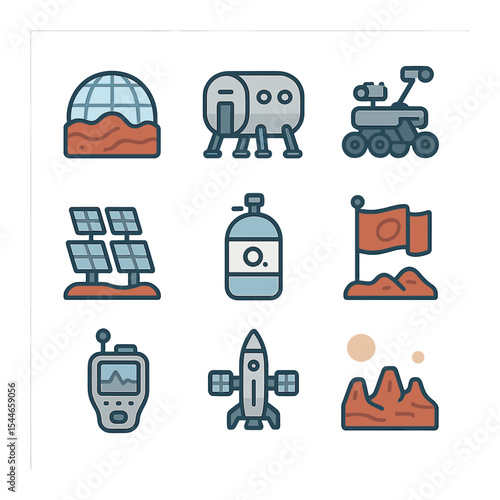 Space Colonization Icons. Flat icon set of space colonization: terraforming dome, habitat module, rover, solar