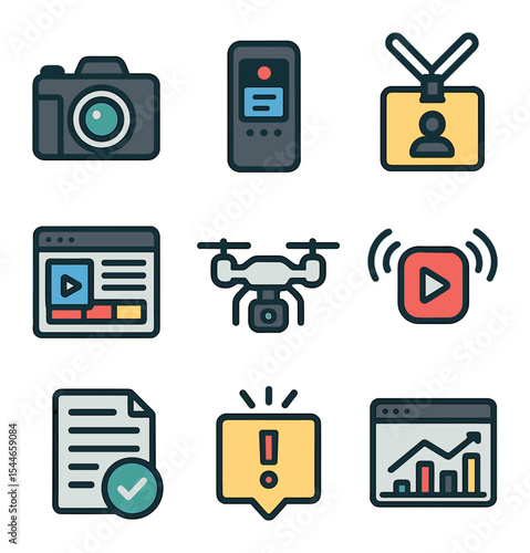 Digital Journalism Tools. Flat icon set of digital journalism tools: camera, voice recorder, press badge,