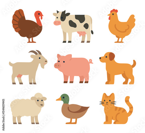 Fall Farm Animal Icons. Flat icon set of fall farm animals: turkey, dairy cow, chicken, goat, pig, farm dog,