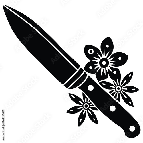 Utility knife with various floral decoration silhouette black vector art design