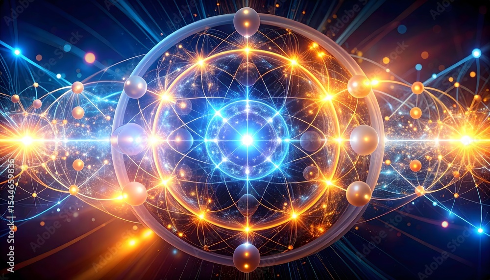 Obraz premium Quantum computer circuit visualization with glowing entangled pathways, luminous qubits, and non-Euclidean geometry, dark and mysterious atmosphere.