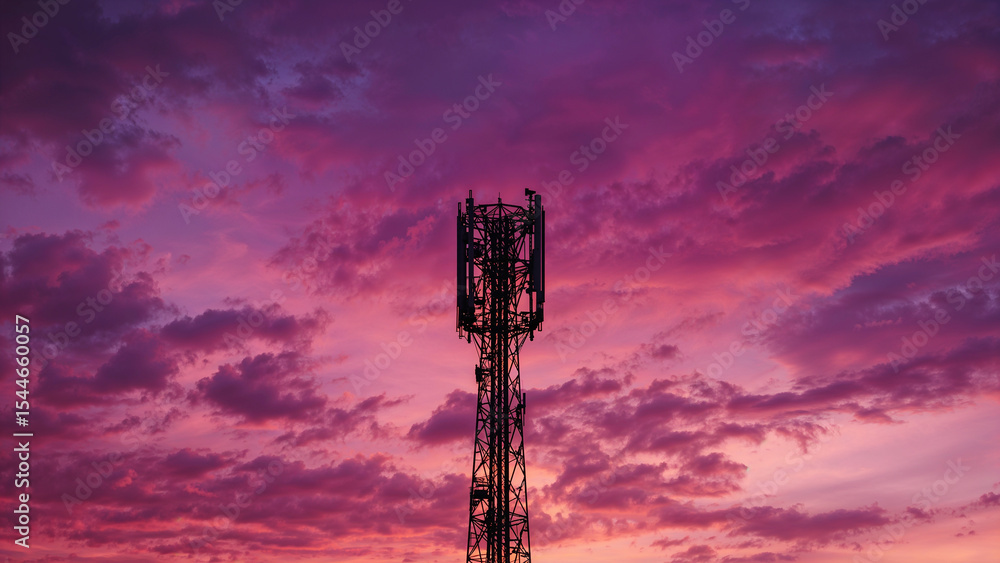 Fototapeta premium Cell Tower Silhouette Against Dramatic Purple Sunset Sky